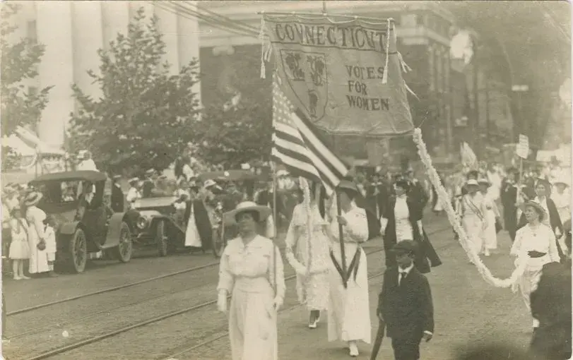 Suffragists marching with a 'Connecticut Votes for Women' banner